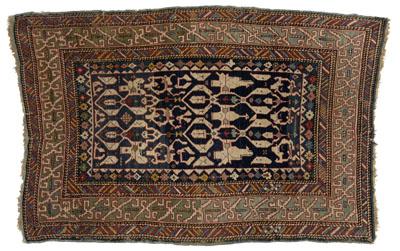 Appraisal: Caucasian rug repeating connected designs on dark blue field multiple