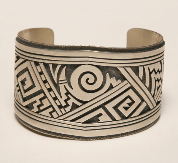 Appraisal: Native American artisan silver cuff bracelet Artist signed Lomauyursa Overall