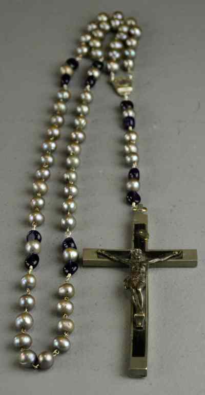 Appraisal: Rosary Beads of Pearl and AmethystEbony and silver metal cross