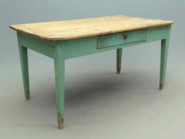 Appraisal: th c single drawer farm table in green paint Top