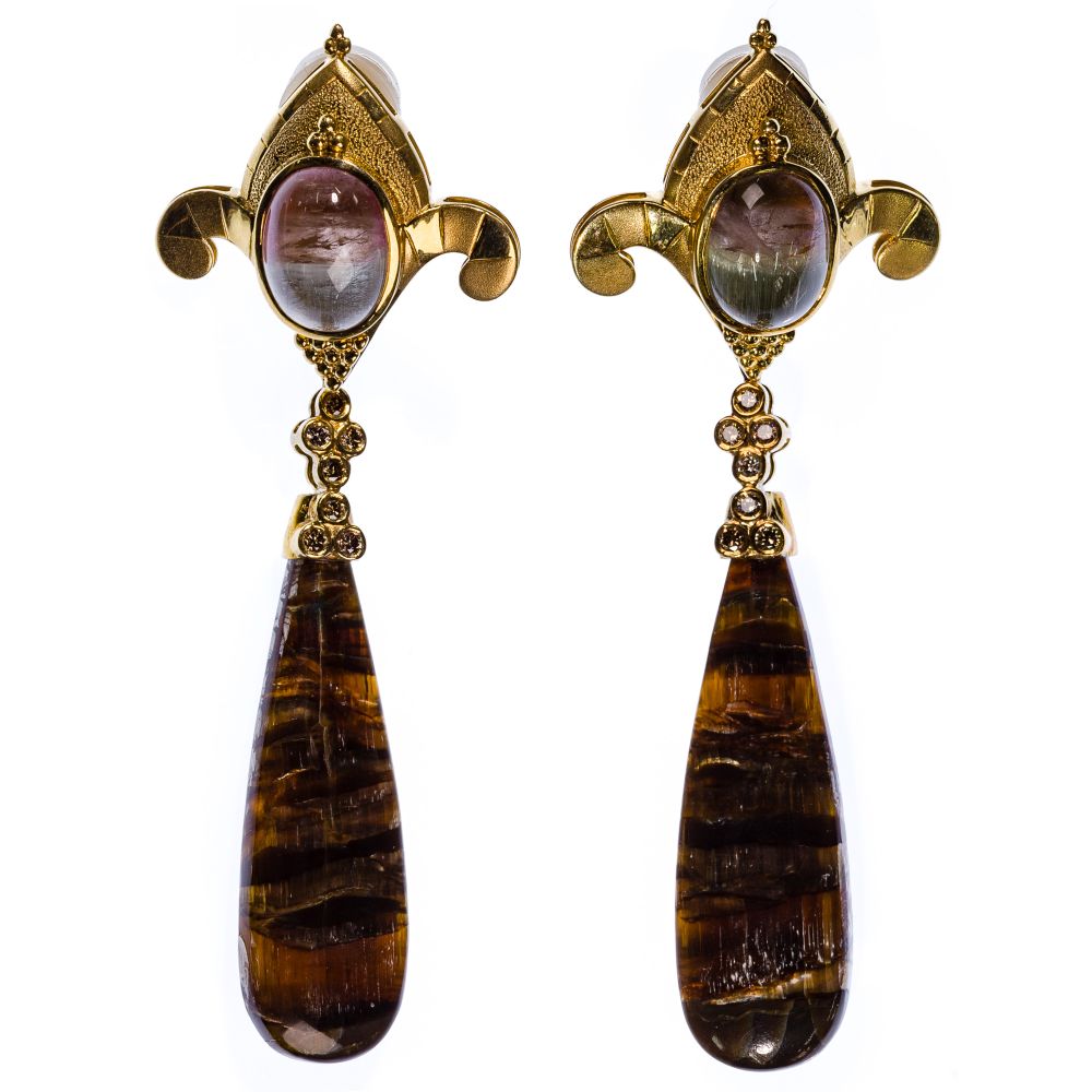 Appraisal: PAULA CREVOSHAY K YELLOW GOLD AND GEMSTONE CLIP-ON EARRING SETDrop