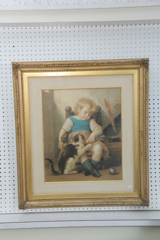 Appraisal: FRAMED CHROMOLITHOGRAPH After Leon Perrault France - titled Naughty Kitty