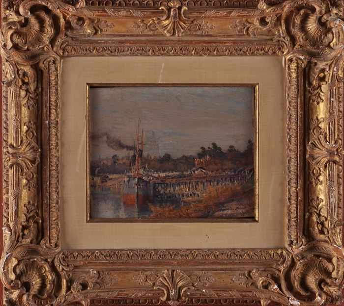 Appraisal: EUROPEAN SCHOOL SHIP IN HARBOR Oil on panel x in