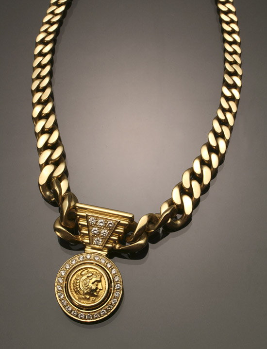 Appraisal: Choker Length -Karat Yellow-Gold Diamond and Replica Ancient Gold Coin