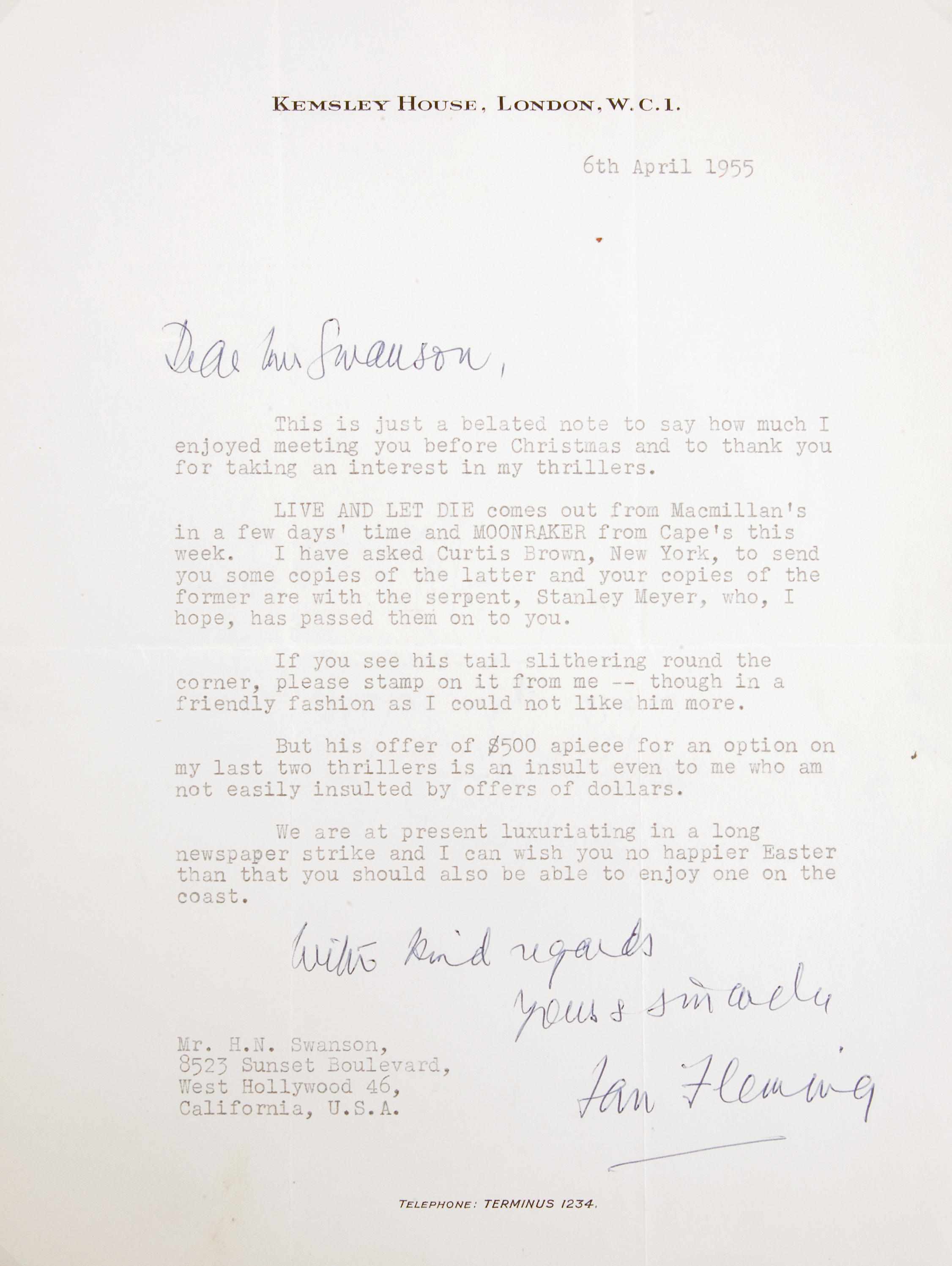 Appraisal: FLEMING IAN - Typed Letter Signed ''Ian Fleming'' p to