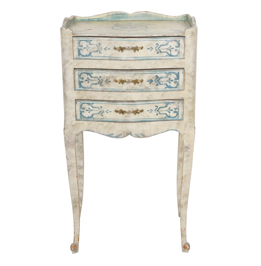 Appraisal: NORMAN LEAR NEOCLASSIC-STYLE PAINTED PETITE COMMODE th century with three