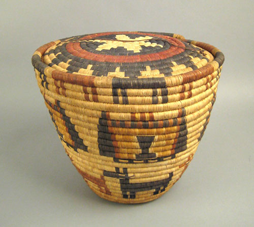 Appraisal: Hopi lidded woven basket th c with natural and dyed