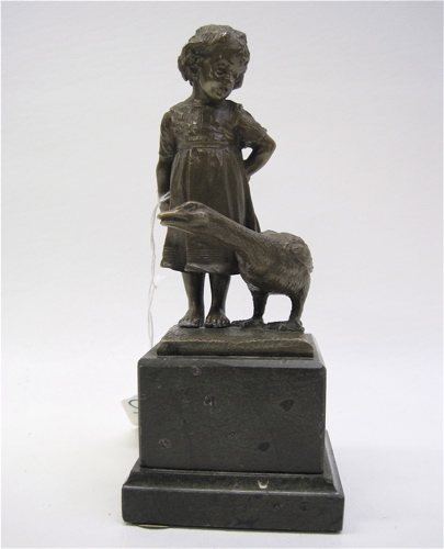 Appraisal: BRONZE SCULPTURE of a young girl and a goose mounted