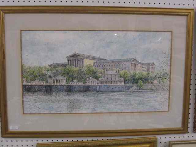 Appraisal: Stilwell Watercolor ''Museum form theSchuylkill River Philadelphia'' showing the Greek