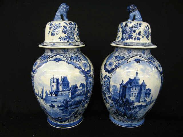 Appraisal: Pair of Large Delft Art Pottery Jars harbor scenes floral