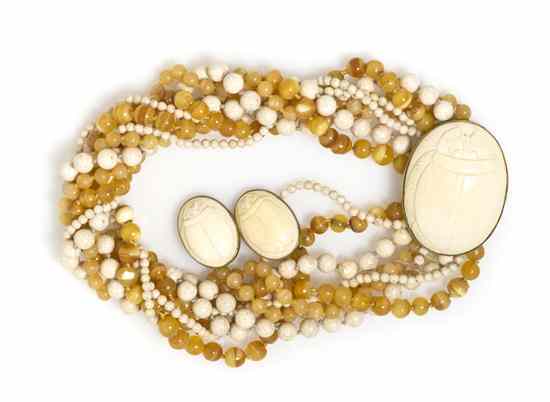 Appraisal: A Multistrand Hardstone and Amber Bead Necklace with Ivory Scarab