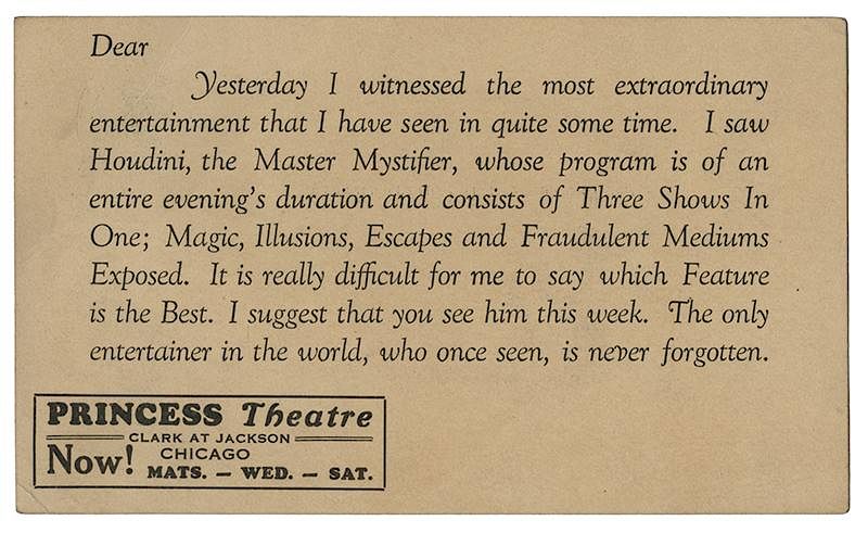 Appraisal: Houdini Master Mystifier Princess Theatre Postcard Houdini Harry Ehrich Weiss