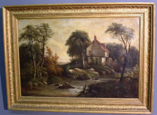 Appraisal: Oil on canvas landscape painting of a mill with water