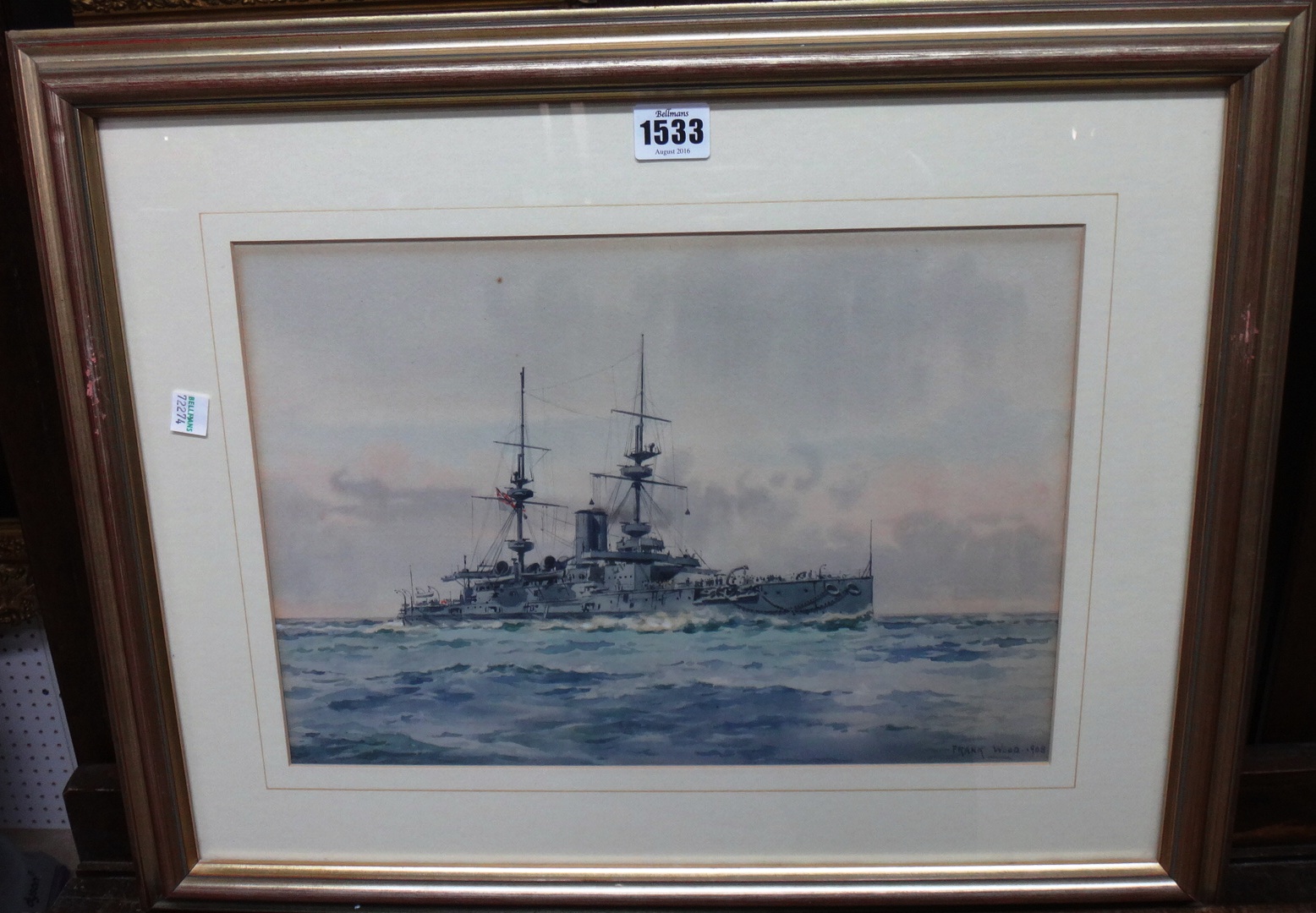 Appraisal: Frank Watson Wood - Warship watercolour signed and dated cm