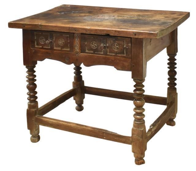 Appraisal: Spanish Colonial walnut hall table th c having a thick