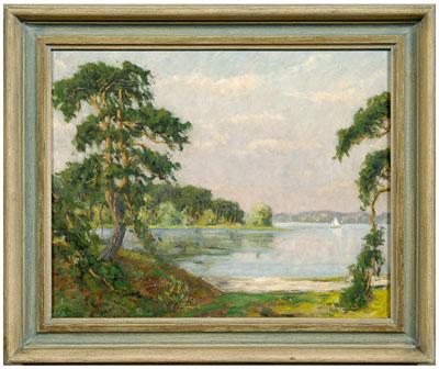 Appraisal: Ann Arbor Michigan painting landscape with lake and boats signed