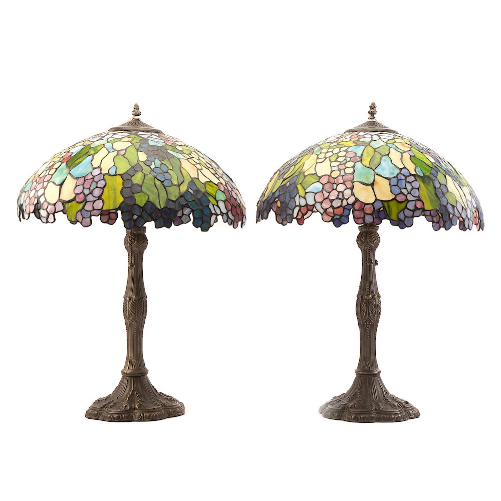 Appraisal: Pair Tiffany Style Leaded Glass Table Lamps each with patinated