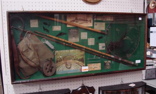 Appraisal: Fishing trophy case early th century glazed shadowbox frame displaying