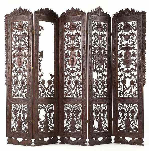 Appraisal: Five Paneled Florentine Style Carved Screen th century hand-carved walnut