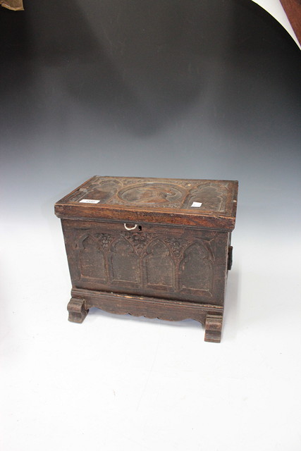 Appraisal: AN ANTIQUE CARVED OAK BOX with carved Gothic designs wide