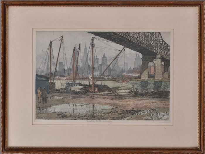 Appraisal: AMERICAN SCHOOL NEW YORK HARBOR SCENE Etching in color x