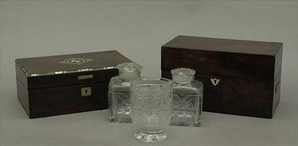 Appraisal: George III Mahogany Tea Caddy with Two Cut-Glass Canisters and