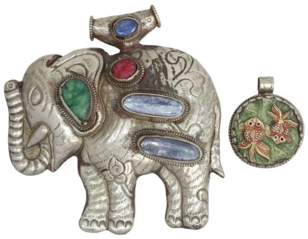 Appraisal: lot of Asian pendants including silver-tone metal hollow elephant with