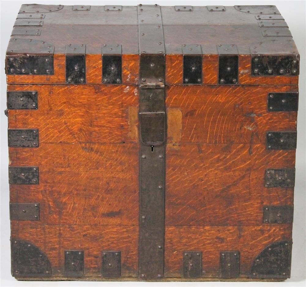 Appraisal: ENGLISH IRONBOUND OAK SILVER CHEST BEARING BOMBAY SOUTHAMPTON SHIPPING LABEL