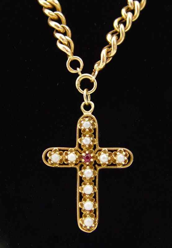 Appraisal: K CHAIN AND SEED PEARL CROSS K yellow gold ''