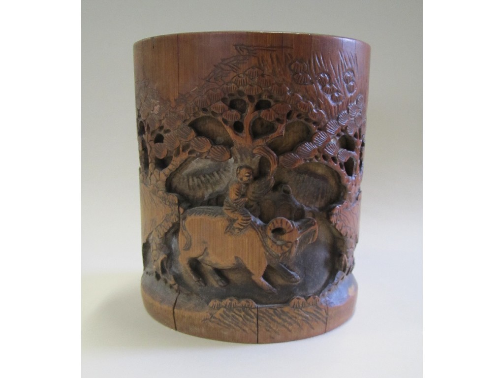 Appraisal: Bamboo brush pot carved with figure on a water buffalo