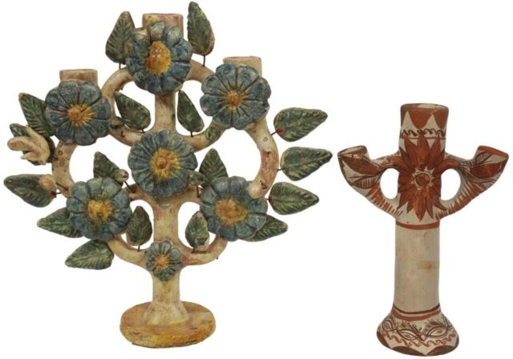 Appraisal: lot of Mexican folk art pottery candleholders Tree of Life