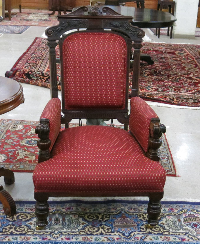 Appraisal: VICTORIAN CARVED AND UPHOLSTERED MAHOGANY ARMCHAIR English late th century