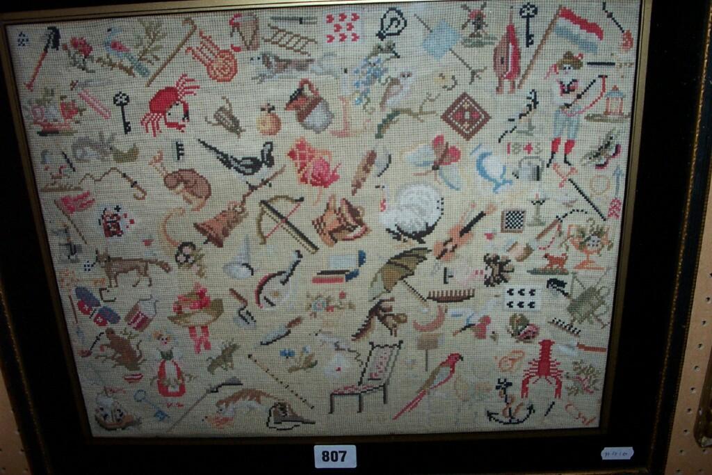 Appraisal: An unusual mid th century needlework sampler incorporating numerous domestic