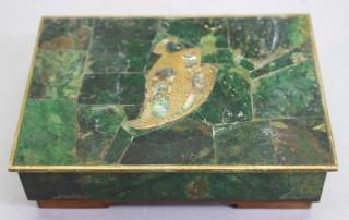 Appraisal: Mexican Castillo Malachite Inlaid Jewelry Box Mexican Castillo Malachite Inlaid