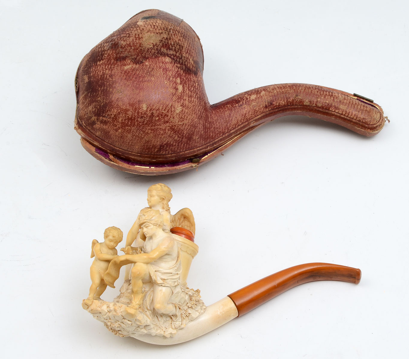 Appraisal: MEERSCHAUM PIPE WITH MERCURY AND ANGELS Detailed carving of the