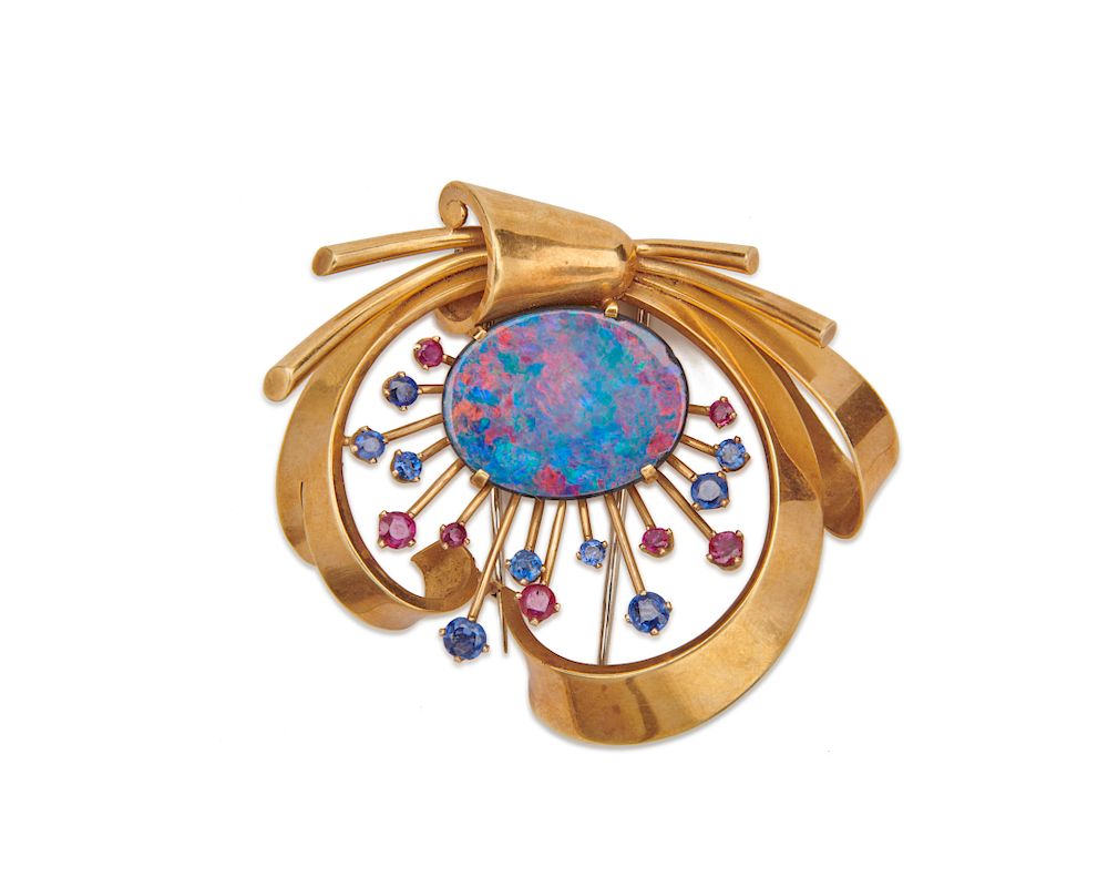 Appraisal: K Gold Black Opal Sapphire and Ruby Brooch K Gold