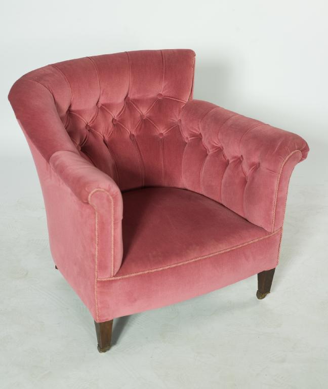 Appraisal: EDWARDIAN DEEP-BUTTONED CLUB CHAIR with scrolled back and out-scrolled arms