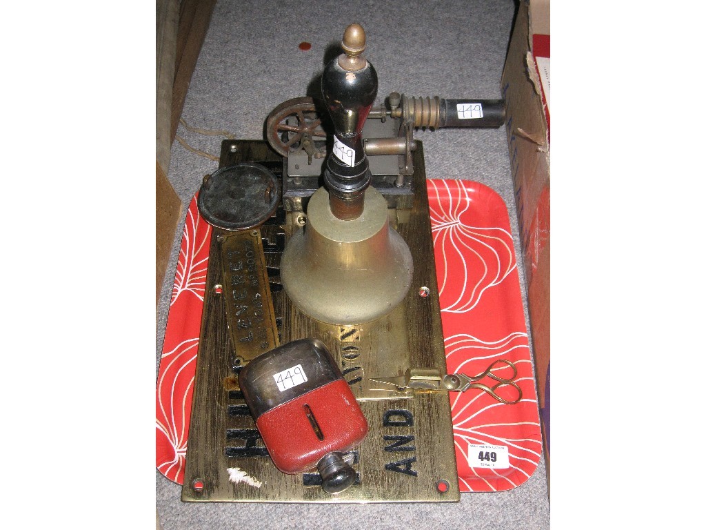 Appraisal: Lot comprising brass sign bell model engine etc