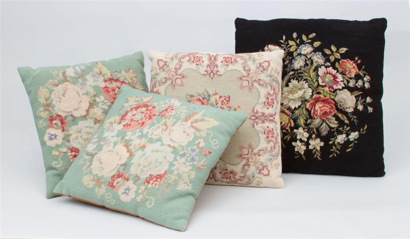 Appraisal: GROUP OF FOUR FLORAL NEEDLEWORK PILLOWS All approx x in