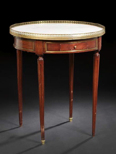 Appraisal: Louis XVI-Style Brass-Mounted Mahogany and Marble-Top Bouillotte Table early th