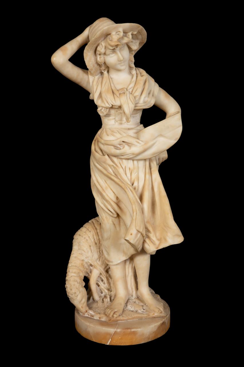 Appraisal: SHEPHERDESS WITH LAMB CARVED ALABASTER SCULPTURE Shepherdess with lamb carved