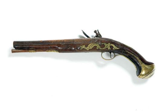 Appraisal: FLINTLOCK PISTOL England th century Relief carved stock with brass