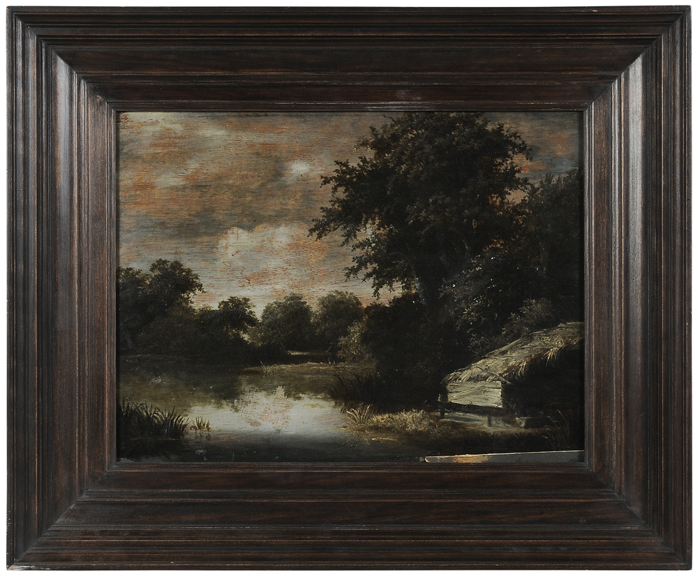 Appraisal: Dutch School th century River Landscape fishermen and boathouse unsigned