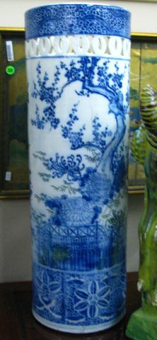 Appraisal: Japanese Blue White Porcelain Umbrella Stand circa th century depicting