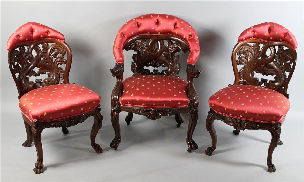 Appraisal: SET OF THREE CONTINENTAL RENAISSANCE REVIVAL CARVED AND UPHOLSTERED CHAIRS