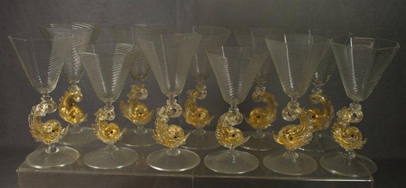 Appraisal: Venetian blown wine glasses with inverted dolphin supports octagonal bowls