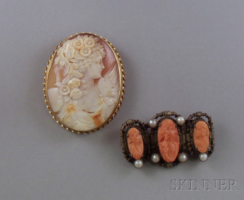 Appraisal: Gold-Framed Shell Carved Cameo Brooch and a Carved Coral and