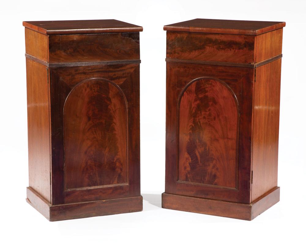 Appraisal: Pair of Late Regency Figured Mahogany Pedestal Cabinets early th