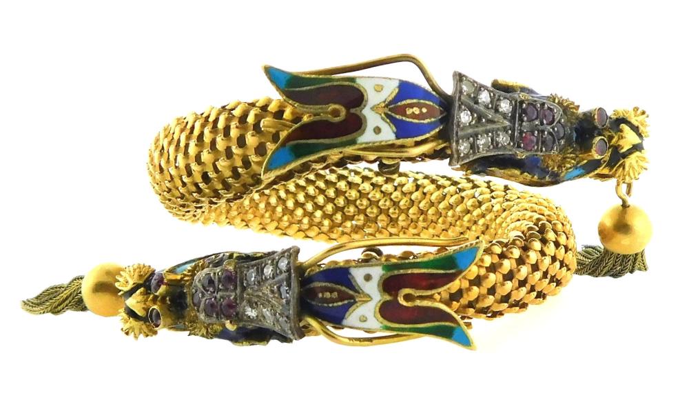 Appraisal: JEWELRY K Enameled serpent bracelet with diamonds and rubies rounded