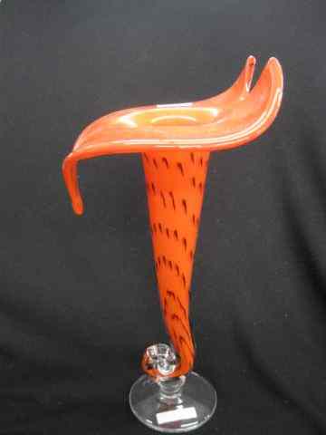 Appraisal: Barna Art Glass Jack-in-the-Pulpit Vase orange background clear base signed